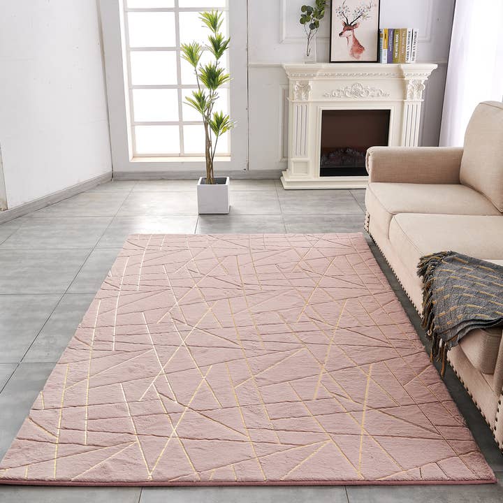 Lily Dust Pink Geometric Gold-Gilded Chinchilla Faux Fur Rug - SELFTRITSS