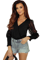 Black Mesh Long Sleeve Surplice Bodysuit - SELFTRITSS