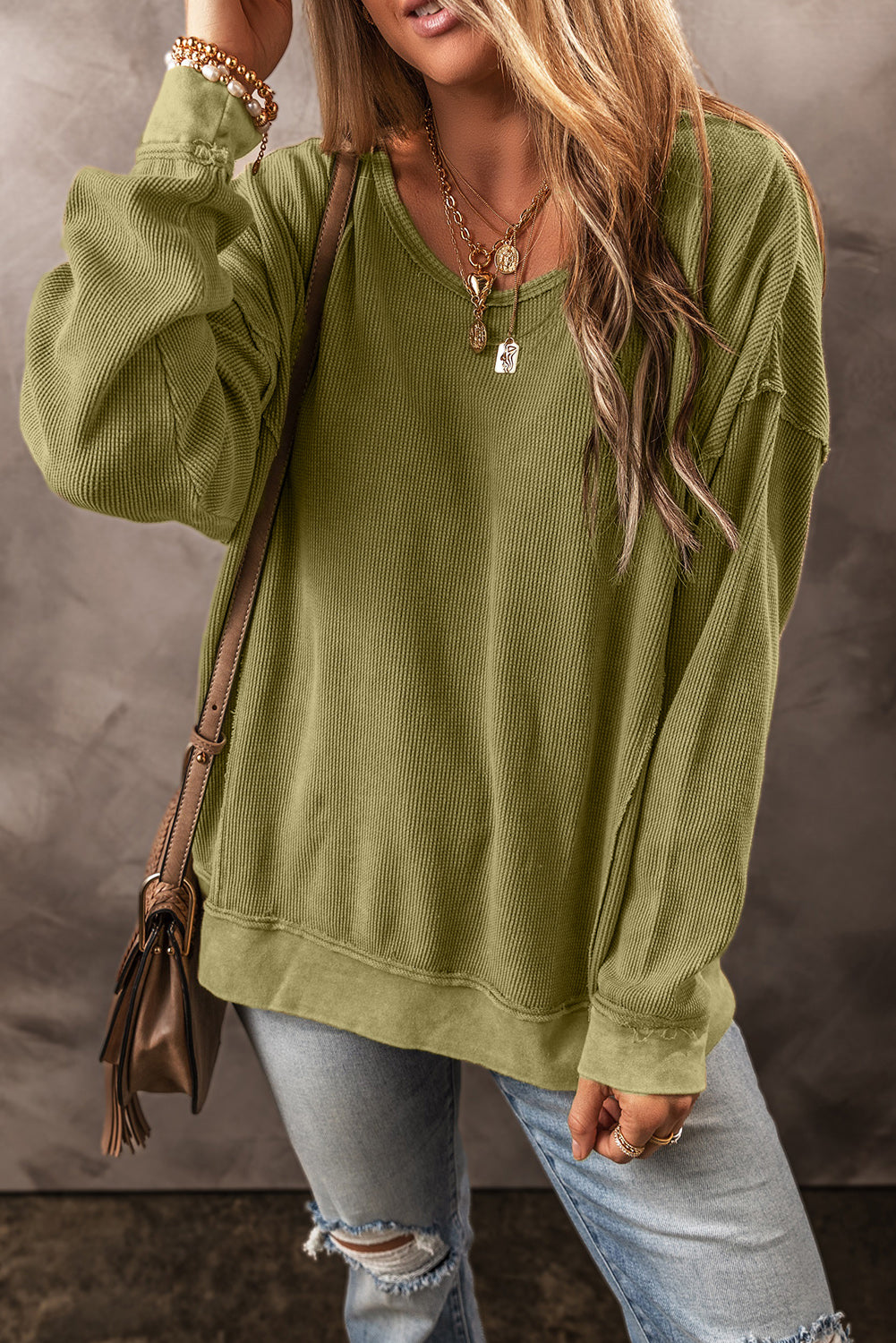 Jungle Green Textured Seamed Drop Sleeve Sweatshirt - SELFTRITSS