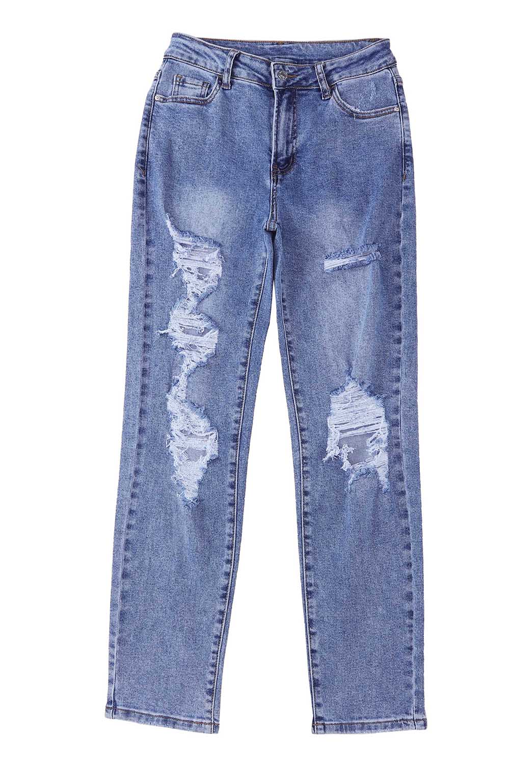 Sky Blue Heavy Destroyed Big Hole Boyfriend Jeans - SELFTRITSS