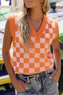 Russet Orange Checkered V Neck Knitted Sweater Vest - SELFTRITSS   