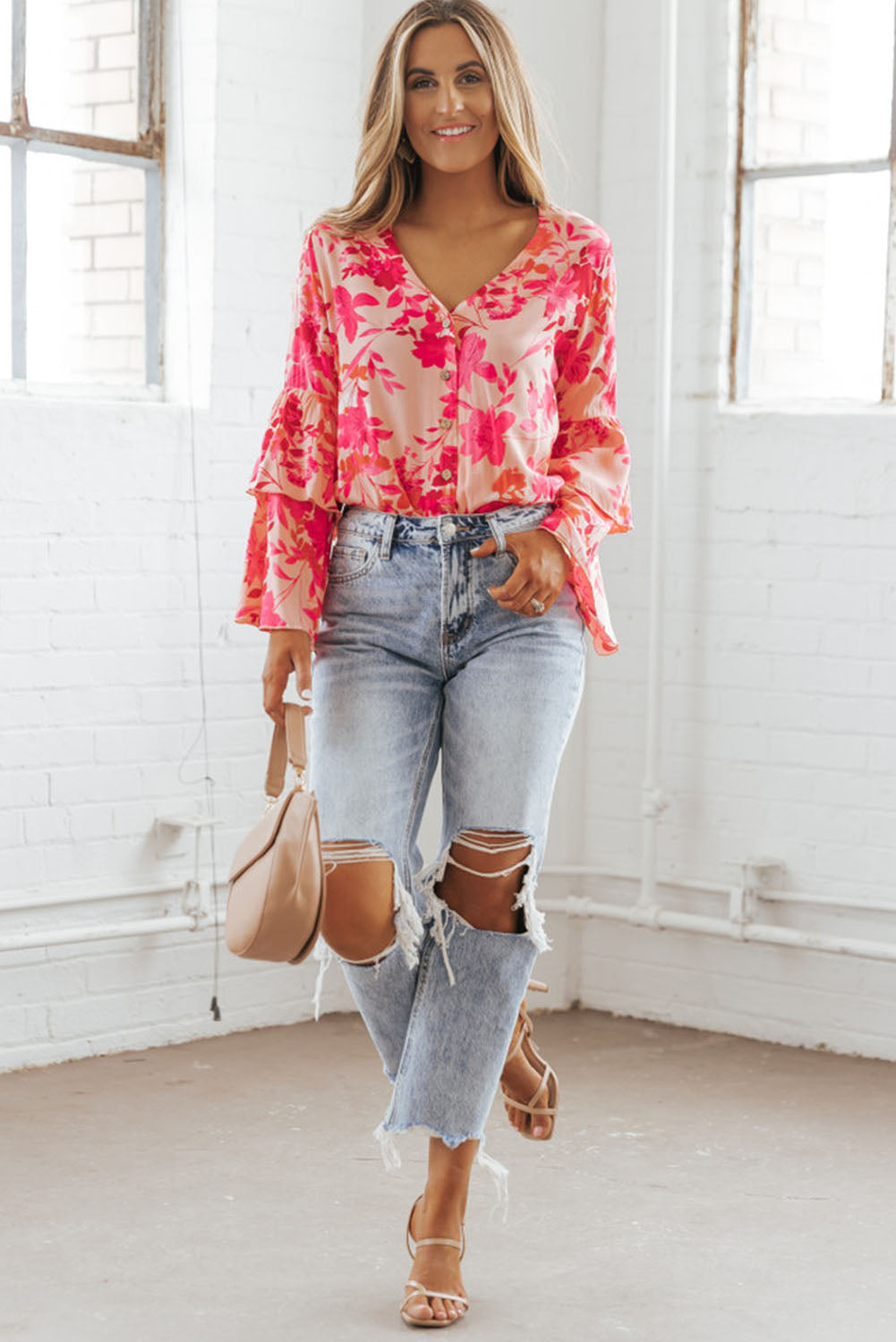 Pink Floral Print Tiered Bell Long Sleeve Buttoned Bodysuit - SELFTRITSS