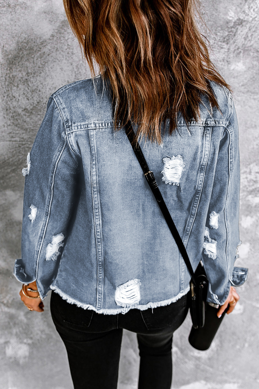 Sky Blue Lapel Distressed Raw Hem Buttons Denim Jacket - SELFTRITSS   