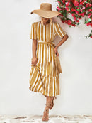 Striped Tie Belt Round Neck Puff Sleeve Dress - SELFTRITSS   