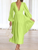 Deep V-Neck Balloon Sleeve Plain Maxi Dress - SELFTRITSS   