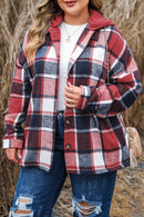 Red Printed Plus Size Plaid Button up Hooded Jacket - SELFTRITSS