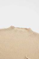 Oatmeal Patch Pocket Ribbed Knit Short Sleeve Sweater - SELFTRITSS   