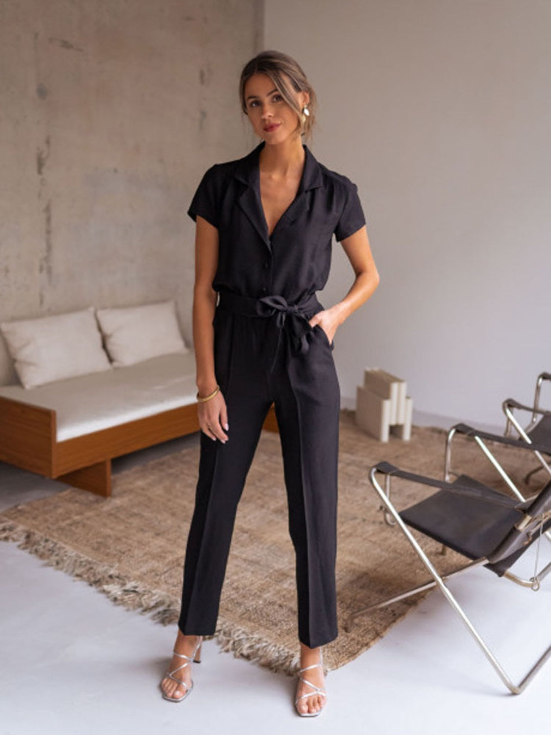 Tied Collared Neck Short Sleeve Jumpsuit - SELFTRITSS