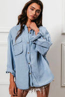 Blue Button Down Stitch Detail Shirt with Chest Pockets