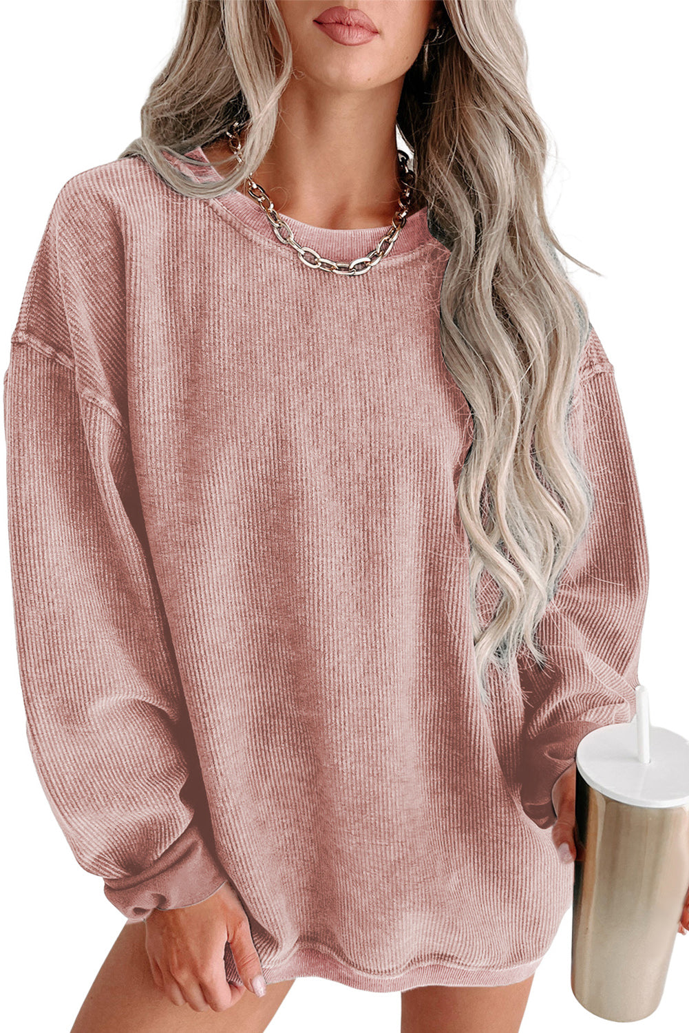 Pink Solid Ribbed Knit Round Neck Pullover Sweatshirt - SELFTRITSS