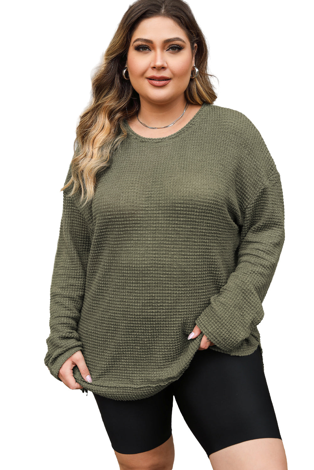 Moss Green Plus Size Textured Knit Long Sleeve Top - SELFTRITSS