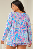 Sky Blue Plus Size Floral Print Long Sleeve and Shorts Lounge Outfit - SELFTRITSS