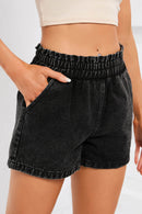 Black Retro Bleach-washed Ruffled Elastic High Waist Denim Shorts - SELFTRITSS