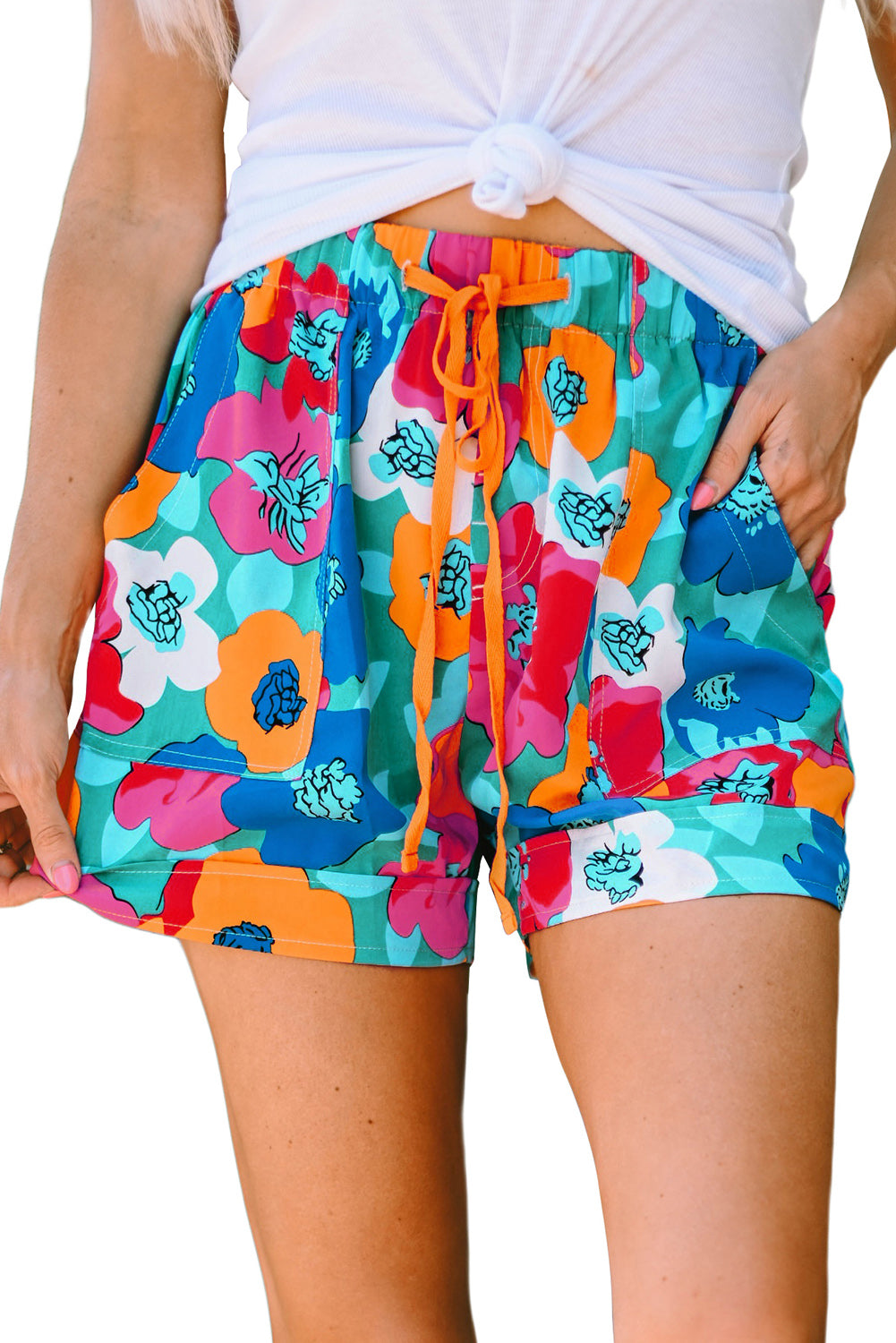 Multicolor Floral Print Drawstring Elastic Waist Casual Shorts - SELFTRITSS