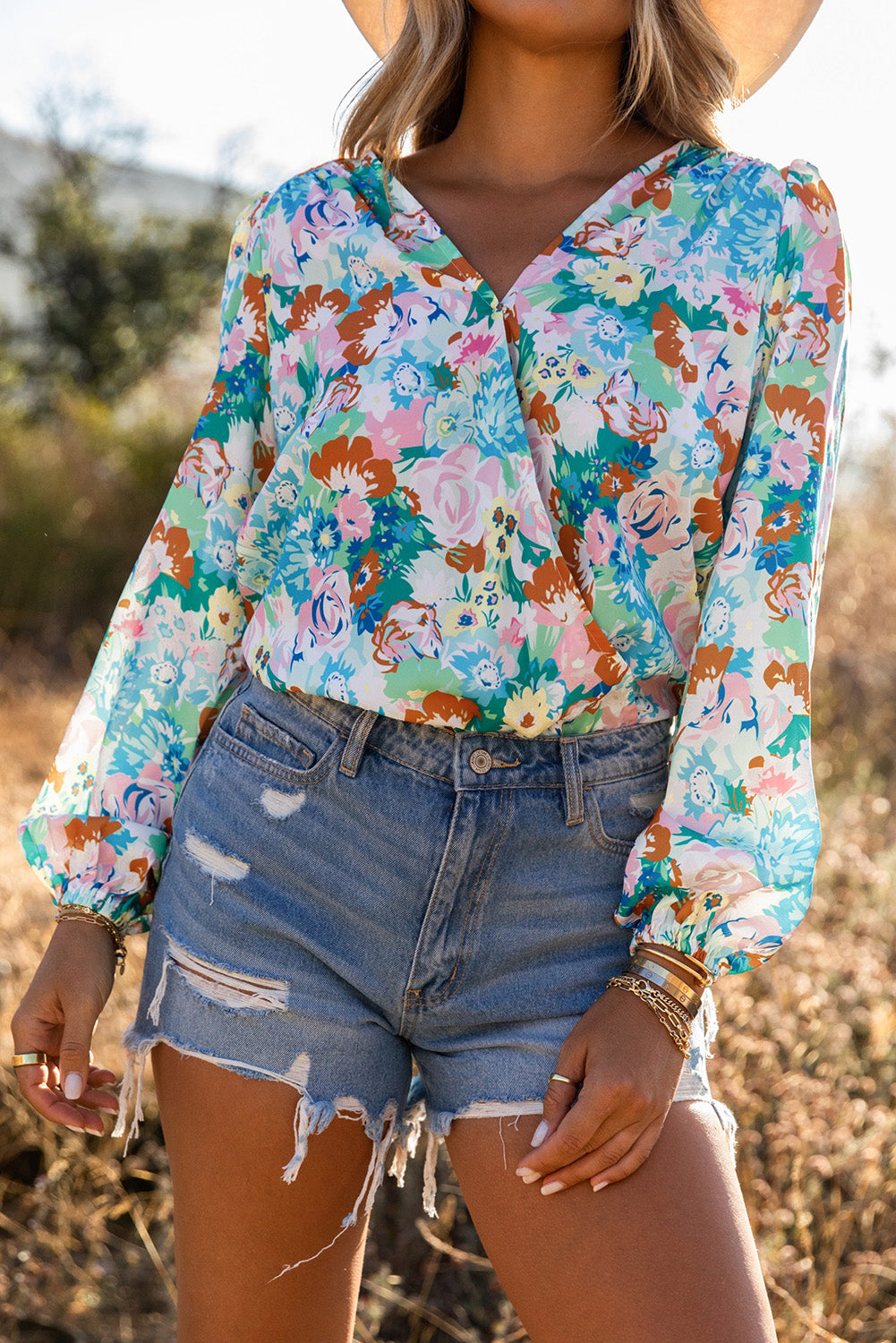 Sky Blue Floral Print Wrap Long Sleeve Bodysuit - SELFTRITSS