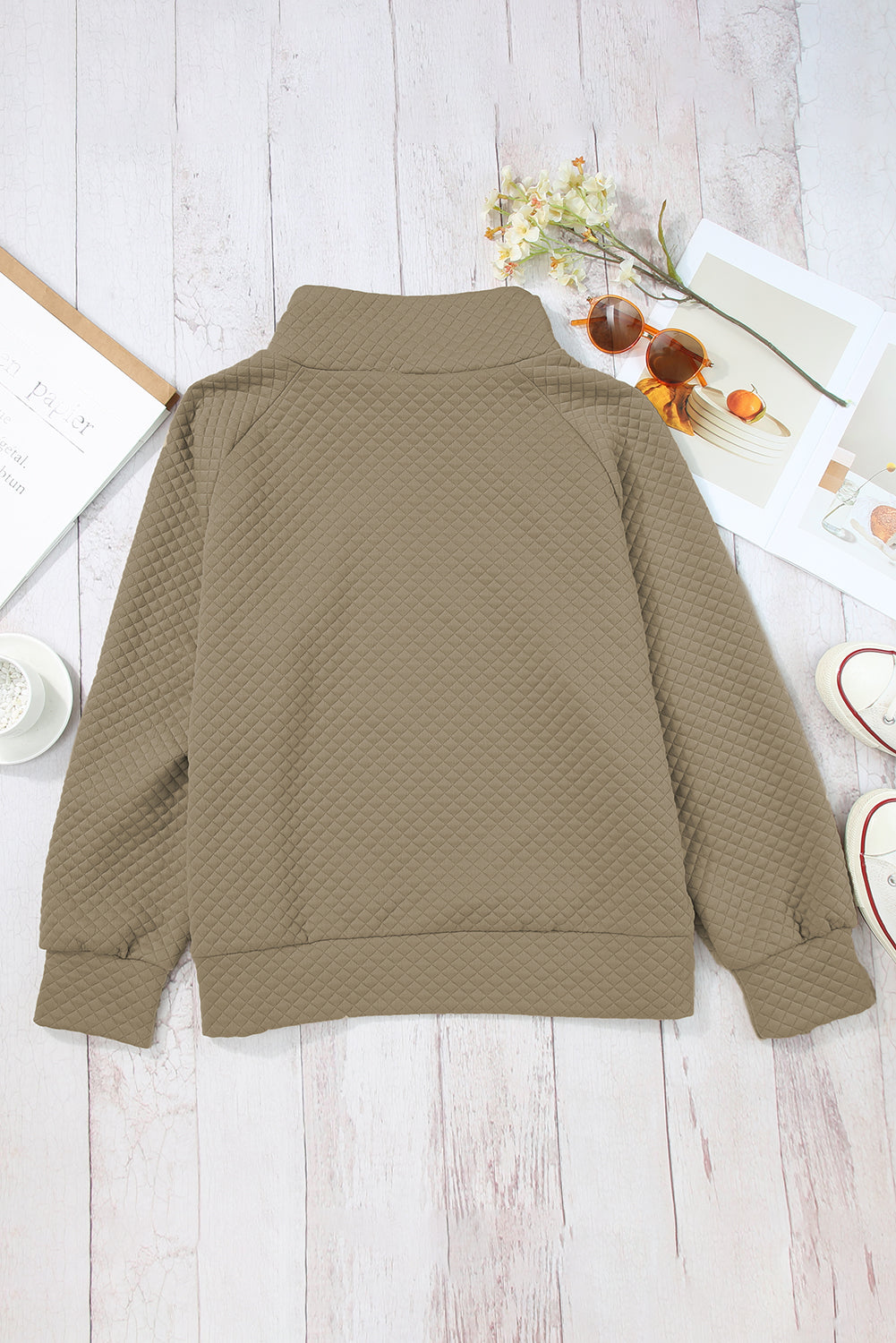 Apricot Quilted Buttoned Neckline Stand Neck Pullover Sweatshirt - SELFTRITSS