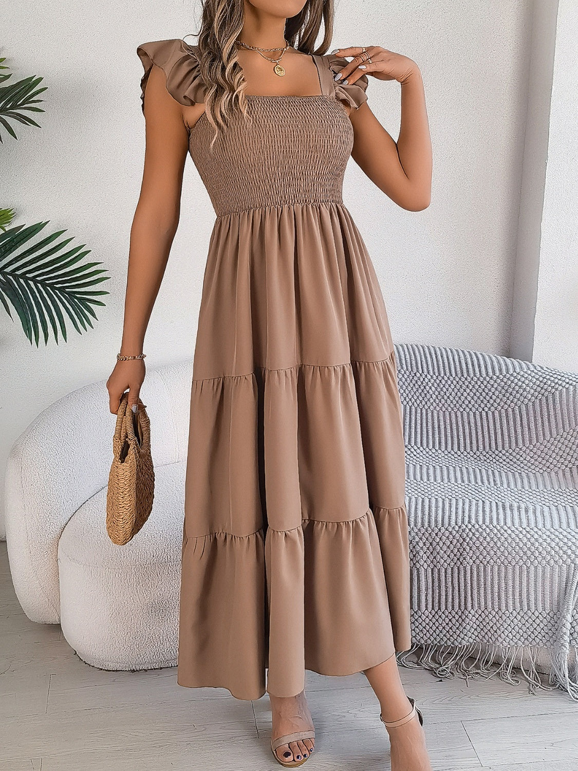 Smocked Square Neck Cap Sleeve Midi Dress - SELFTRITSS   