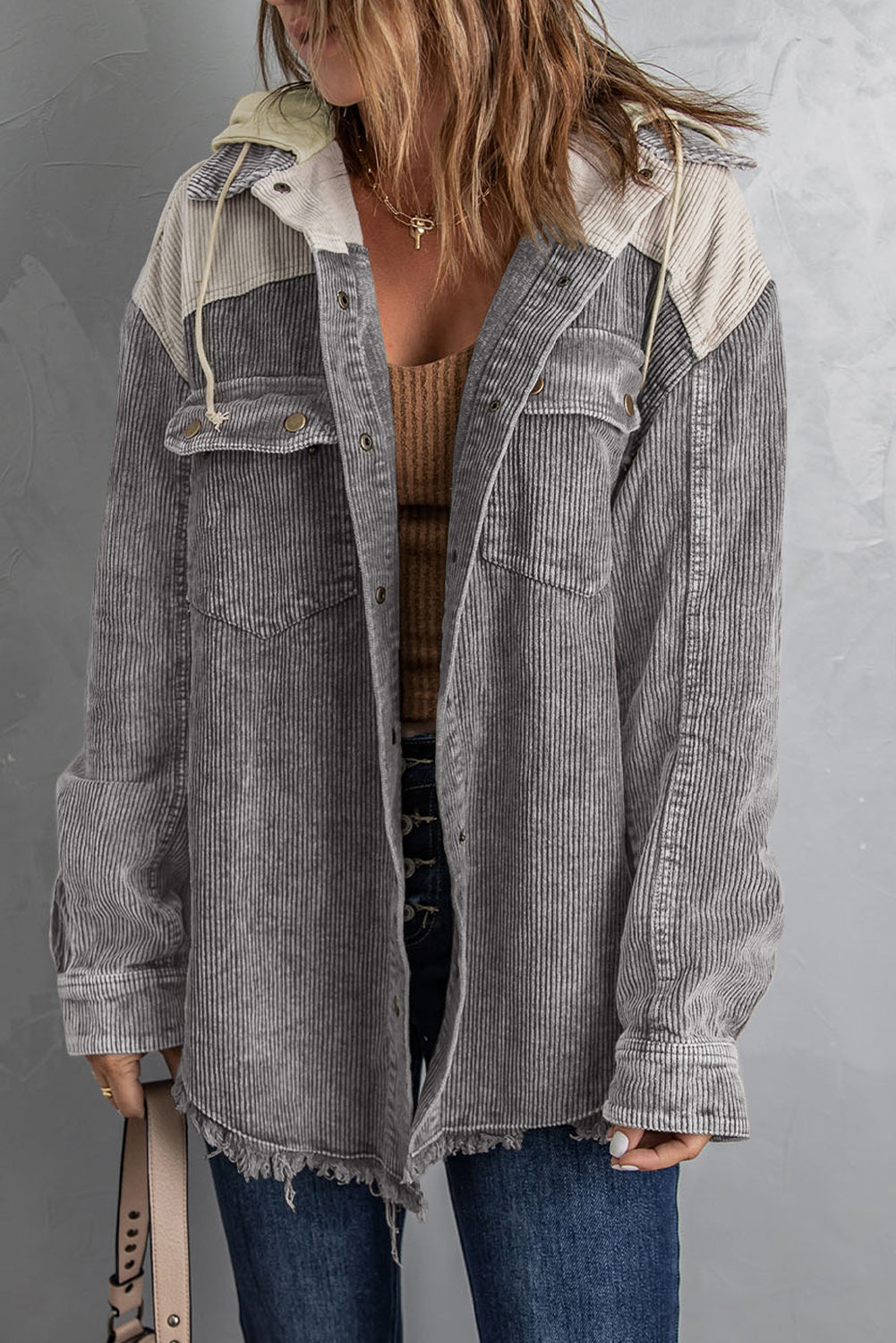 Gray Color Block Button Down Hooded Corduroy Jacket - SELFTRITSS   