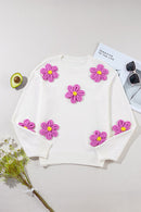 Crochet Flower Round Neck Long Sleeve Sweater - SELFTRITSS   