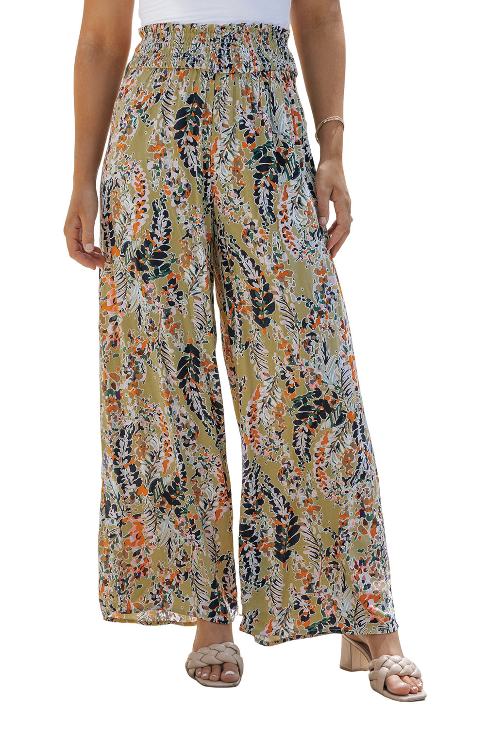 Multicolor Floral Print Shirred High Waist Wide Leg Casual Pants - SELFTRITSS