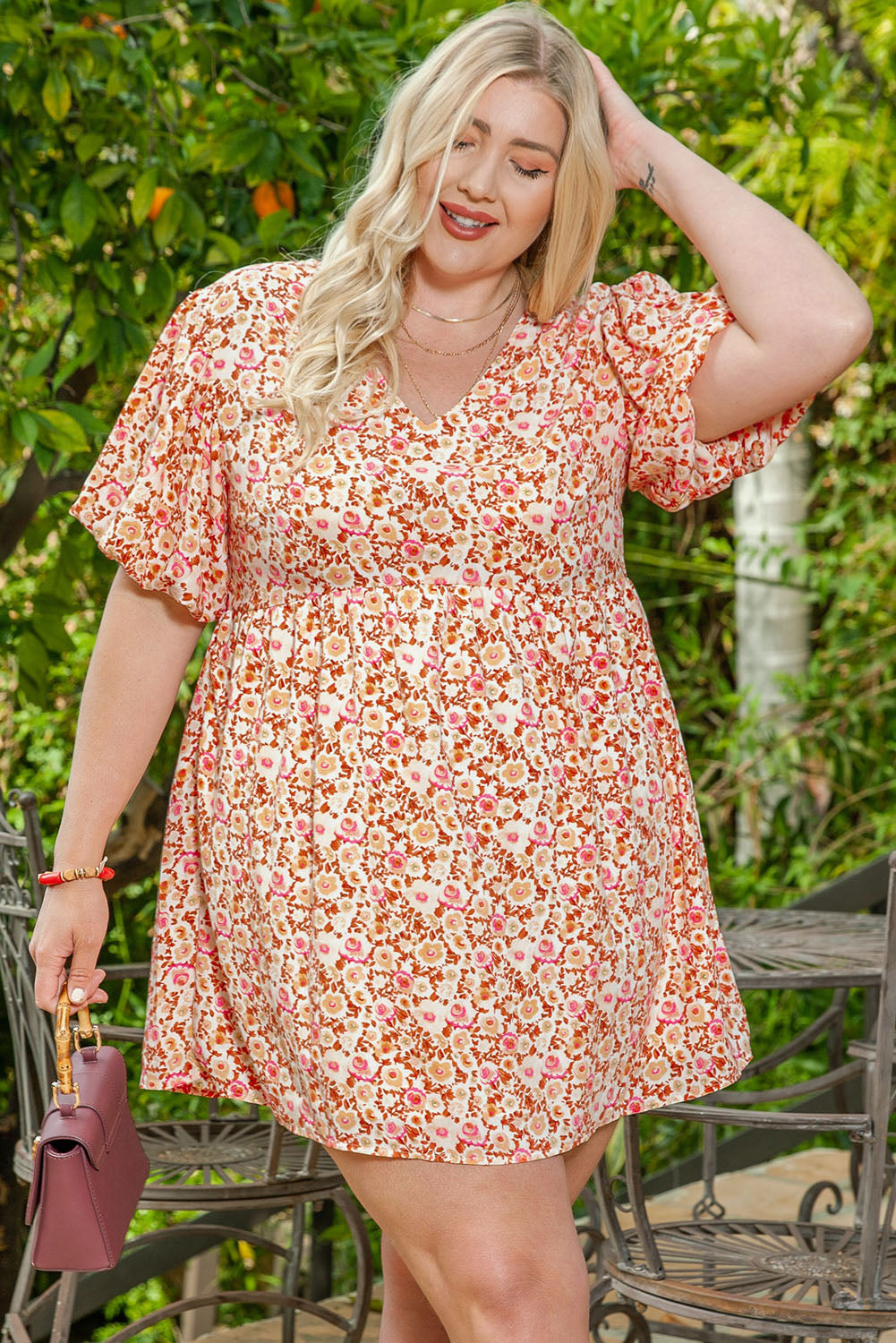 Multicolor Plus Size Floral Print Puff Sleeves Dress - SELFTRITSS