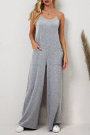 Gray Patch Pockets Spaghetti Strap Wide Leg Jumpsuit - SELFTRITSS   