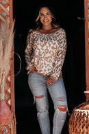 Khaki Printed Plus Size Leopard Print Boat Neck Long Sleeve Top - SELFTRITSS   