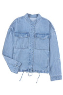 Sky Blue Roll-Up Tab Sleeve Button Down Pocket Denim Jacket - SELFTRITSS   