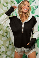Black Color Block Textured Buttoned Kangaroo Pocket Hoodie - SELFTRITSS