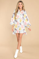 White Collared Neck Bubble Sleeve Floral Dress - SELFTRITSS
