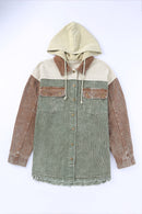 Green Color Block Button Down Hooded Corduroy Jacket - SELFTRITSS   