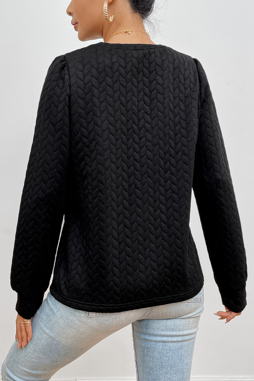 Black Cable Textured Puff Sleeve Sweatshirt - SELFTRITSS