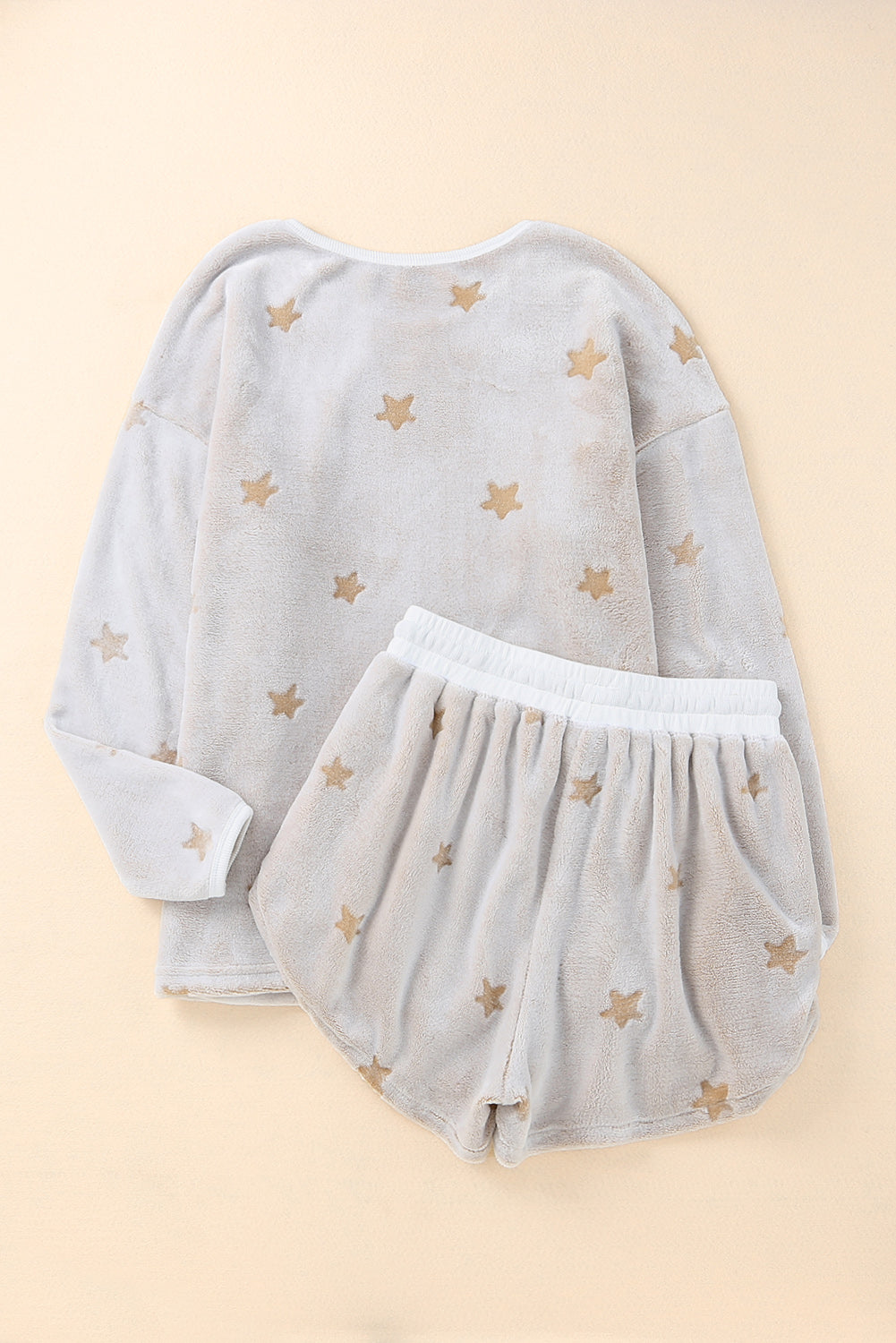 White Plush Star Pattern Long Sleeve Pullover and Shorts Lounge Set - SELFTRITSS