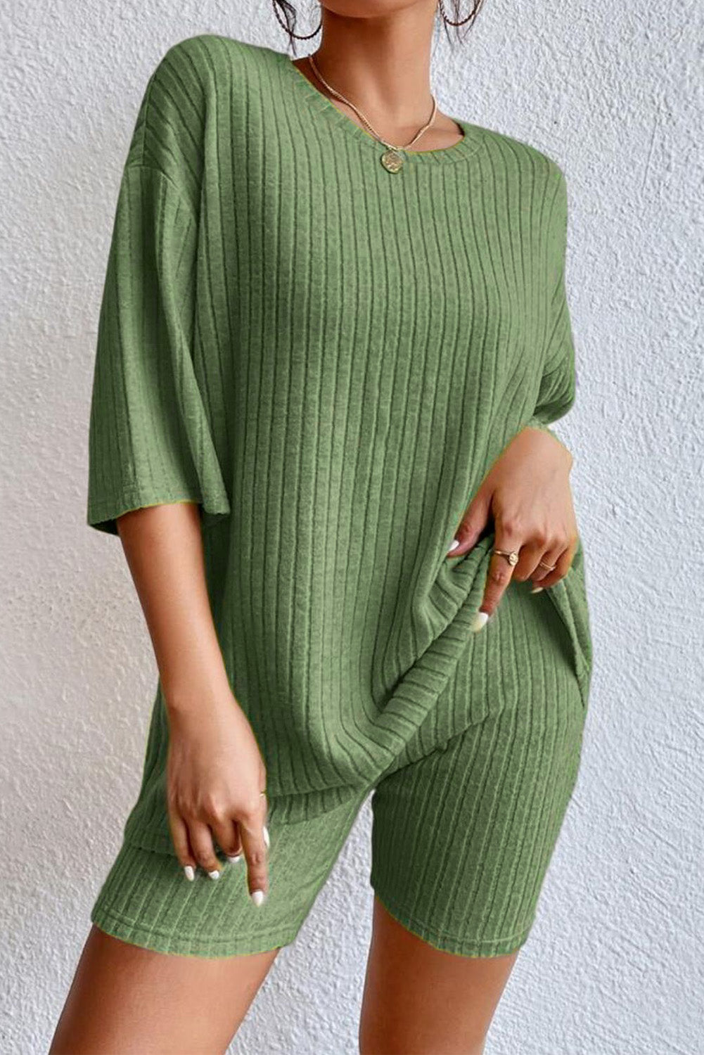 Green Plain Ribbed Loose Fit Two Piece Lounge Set - SELFTRITSS