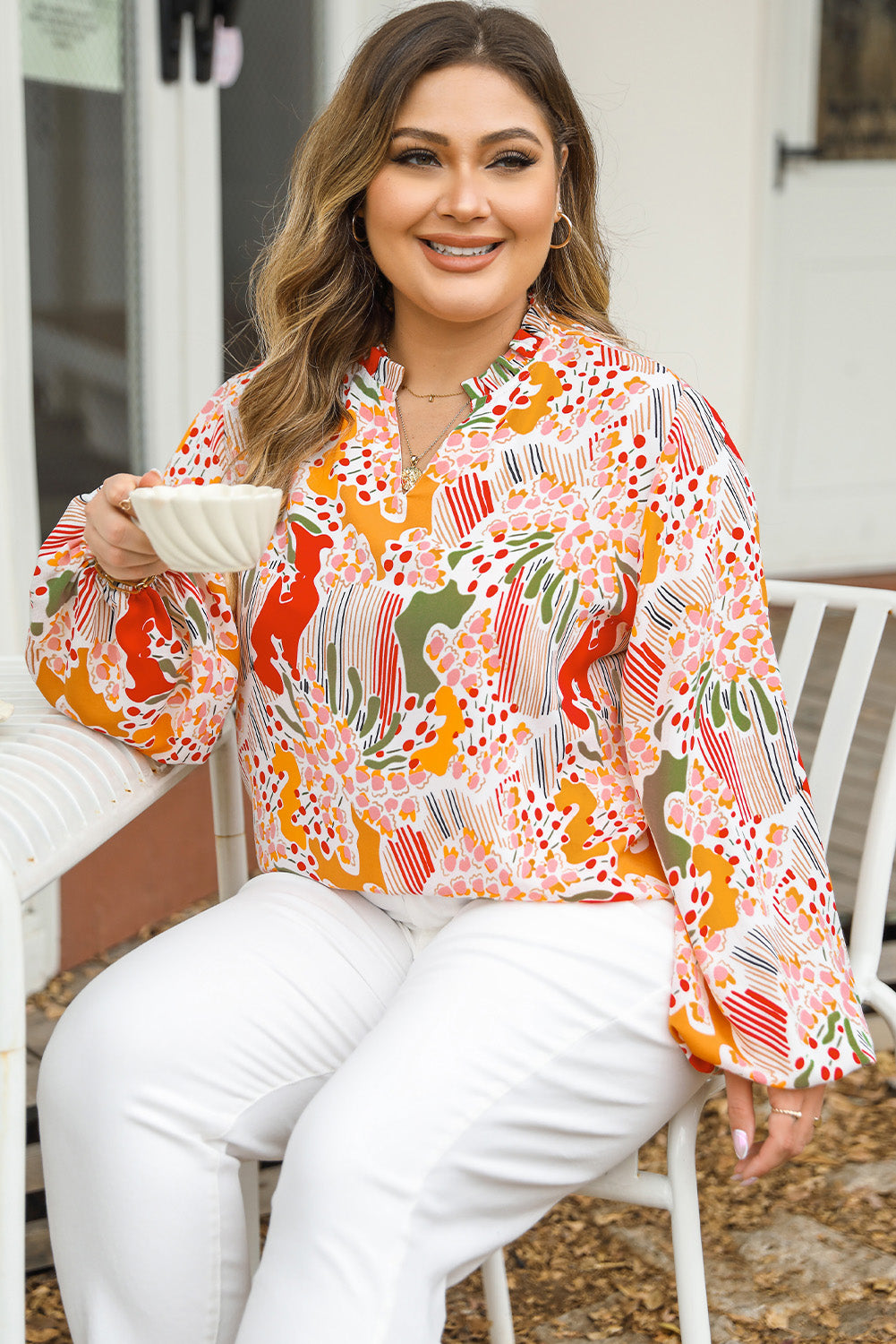 Orange Printed Floral Abstract Print Frilled V Neck Plus Size Blouse - SELFTRITSS