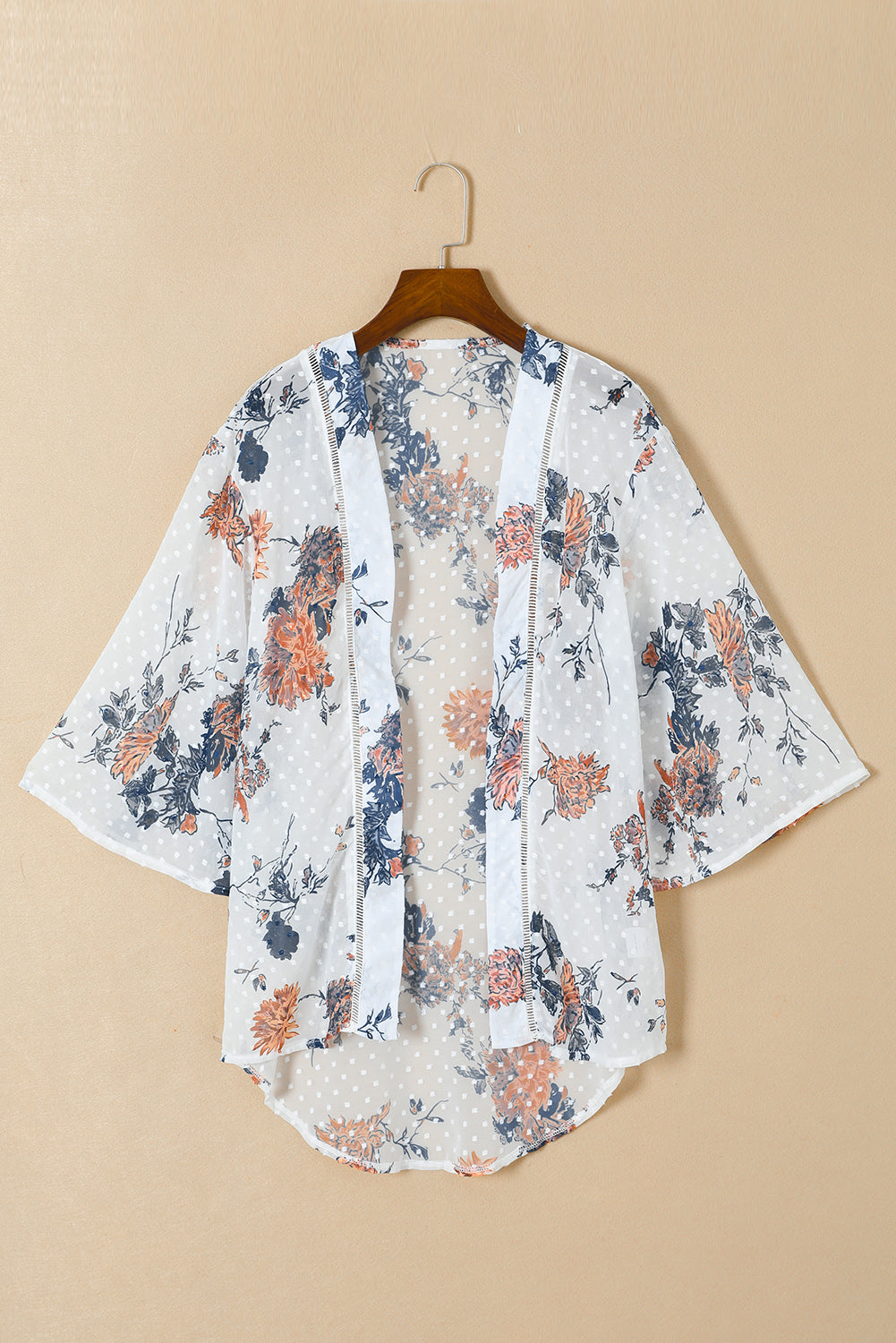 White Floral Print Open Front Bell Sleeve kimono - SELFTRITSS