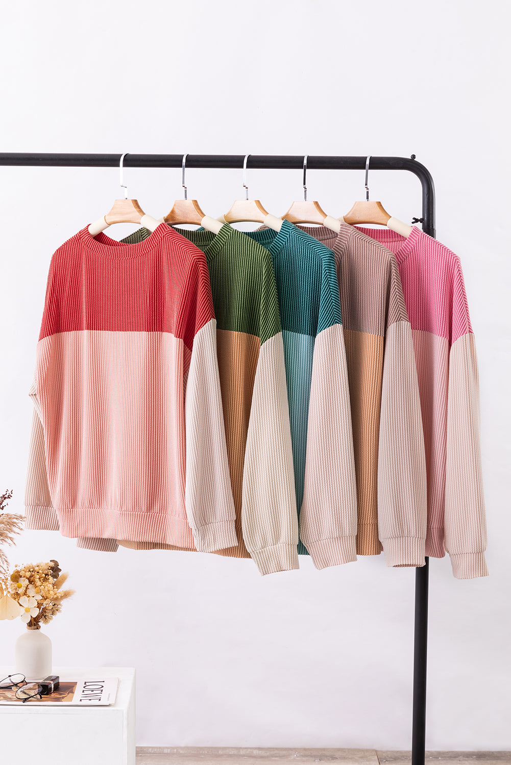 Pink Color Block Long Sleeve Ribbed Loose Top - SELFTRITSS   