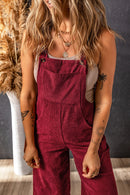 Fiery Red Solid Color Corduroy Wide Leg Bib Overalls - SELFTRITSS   