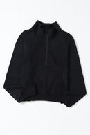 Black Zip Up Stand Collar Ribbed Thumbhole Sleeve Sweatshirt - SELFTRITSS