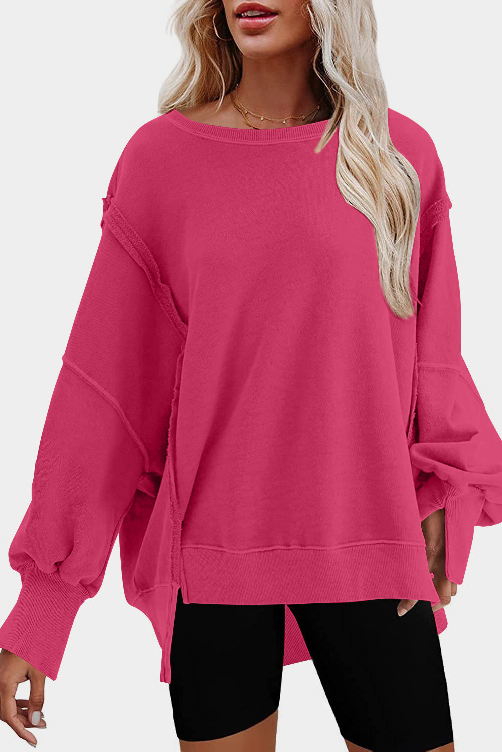 Rose Exposed Seam Drop Shoulder Slit High Low Hem Sweatshirt - SELFTRITSS