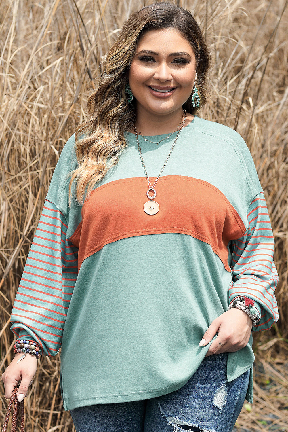 Green Plus Size Striped Long Sleeve Colorblock Tee with Slits - SELFTRITSS