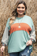 Green Plus Size Striped Long Sleeve Colorblock Tee with Slits - SELFTRITSS   