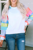 White Sequin Color Block Raglan Sleeve Pullover Sweatshirt - SELFTRITSS