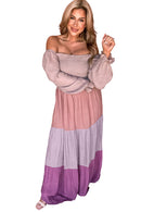 Multicolour Smocked Bubble Sleeve Colorblock Tiered Maxi Dress - SELFTRITSS
