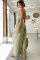 Green Asymmetric Thin Straps One-shoulder Wide Leg Jumpsuit - SELFTRITSS