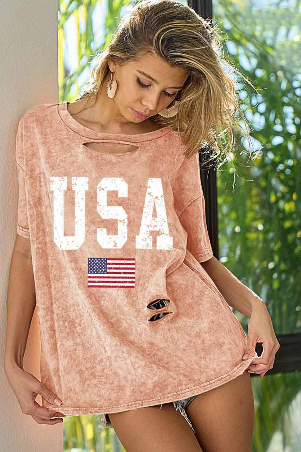 BiBi Washed American Flag Graphic Distressed T-Shirt - SELFTRITSS