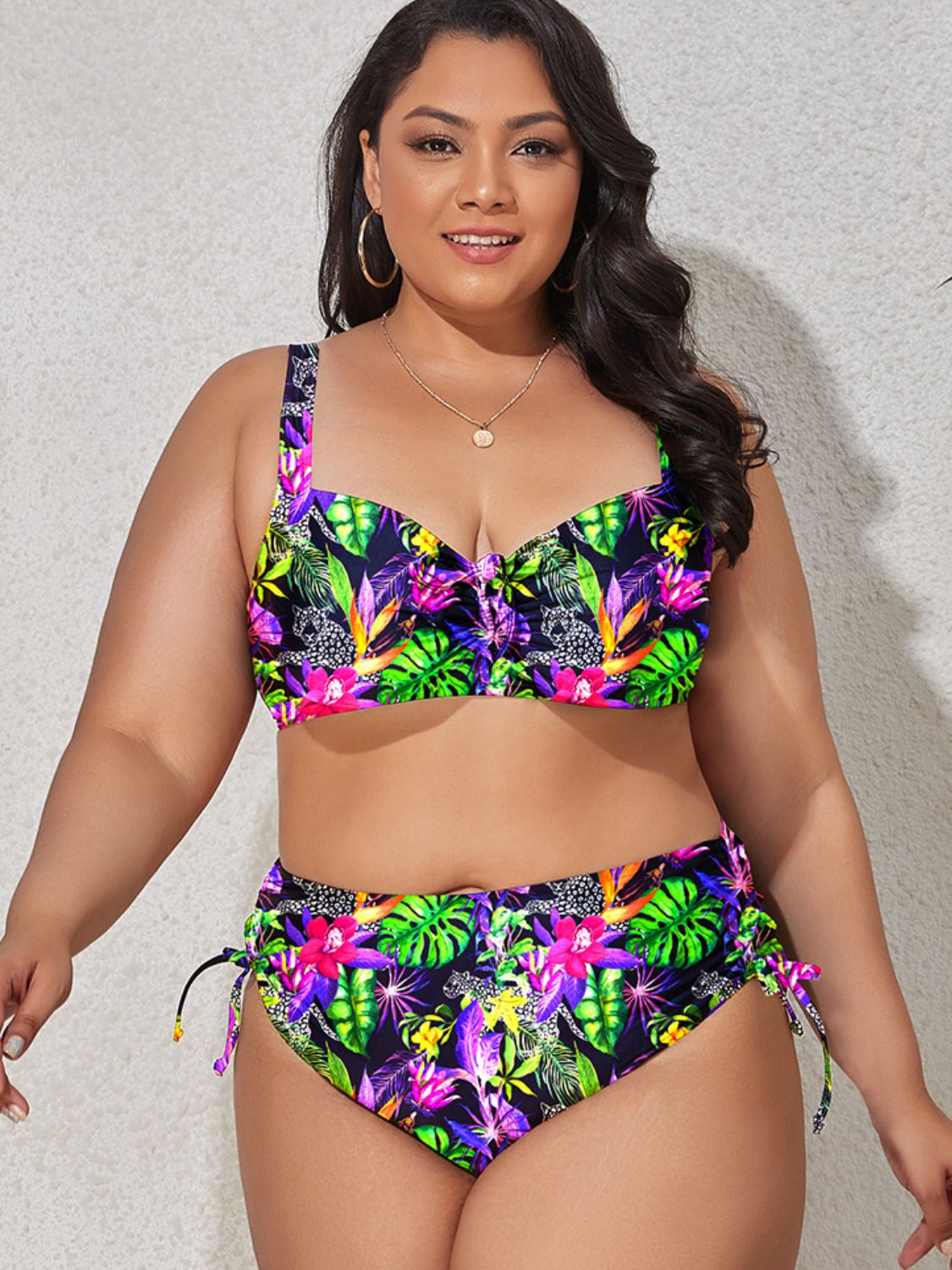 Plus Size Printed Drawstring Detail Bikini Set - SELFTRITSS   