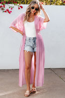 Light Pink Lace Splicing Open Front Maxi Kimono - SELFTRITSS