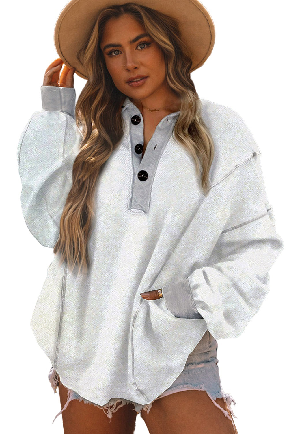 White Textured Side Pockets Buttoned Neckline Sweatshirt - SELFTRITSS
