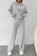 Gray Ribbed Knit Slouchy Hoodie Wide Leg Pants Set - SELFTRITSS